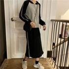 Set: Striped Trim Color Block Zip Hoodie + Midi Skirt Hoodie - Gray - One Size / Skirt - Black - One Size