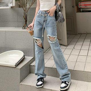 Distressed High Waist Straight Leg Jeans / Short-sleeve Raglan T-shirt
