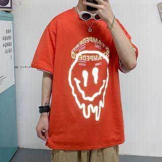 Elbow-sleeve Reflective Smiley Face Printed T-shirt