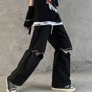 Drawstring Hem Open-front Straight-cut Pants
