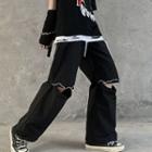 Drawstring Hem Open-front Straight-cut Pants