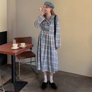 Long-sleeves Plaid Double-breasted Midi Dress