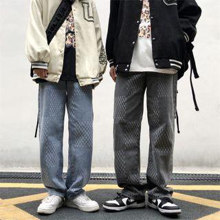 Couple Matching Checkered Washed Straight Leg Jeans
