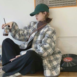 Long-sleeve Plaid Woolen Jacket Plaid - One Size