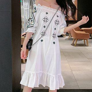 Off-shoulder Embroidered Ruffle Hem Mini Dress