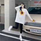 Long-sleeve Floral Applique T-shirt White - One Size