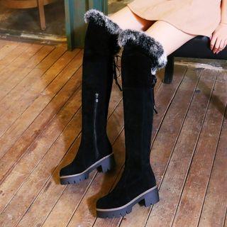 Block Heel Furry Trim Over-the-knee Boots