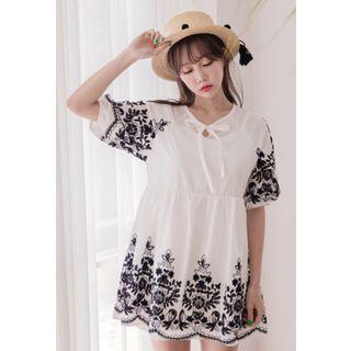 Short-sleeve Embroidered Mini A-line Dress