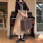 Sailor Collar Elbow-sleeve Top / Plaid Maxi A-line Skirt