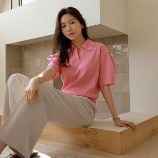 Collared / Round-neck Puff-sleeve Knit Top
