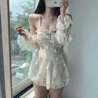 Bell-sleeve Cold-shoulder Lace Swim Dress