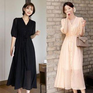 V-neck Drawstring Dotted Maxi Dress