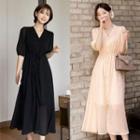 V-neck Drawstring Dotted Maxi Dress