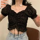 Puff-sleeve Floral Print Drawstring Crop Top Black - One Size