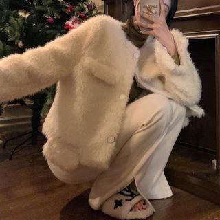 Long-sleeve Turtleneck Top / Fluffy Button Jacket