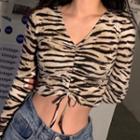 Long-sleeve Zebra Print Drawstring Crop Top White - One Size