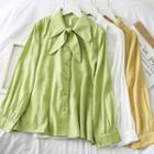 Ribbon-neckline Loose-fit Plain Shirt