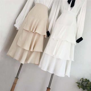 Plain Asymmetric A-line Midi Tiered Skirt