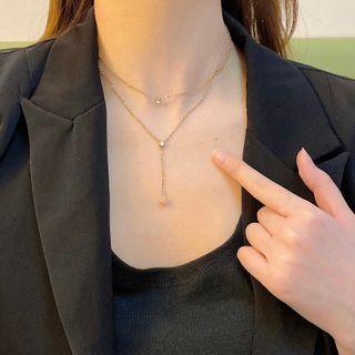 Rhinestone Layered Necklace 1 Pc - Gold - One Size