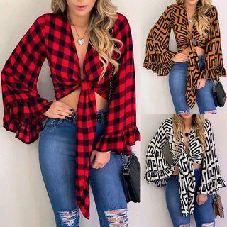 Bell-sleeve Patterned Cropped Blouse