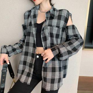 Cold-shoulder Plaid Shirt Black - One Size