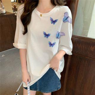 Elbow-sleeve Butterfly Applique T-shirt