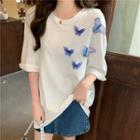 Elbow-sleeve Butterfly Applique T-shirt