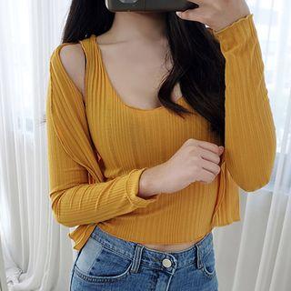 Petite Size Set: Rib-knit Cardigan + U-neck Sleeveless Crop Top