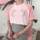 Floral Embroidered Short-sleeve Color Block Color-block Loose-fit Crewneck Sheath T-shirt