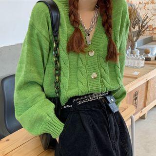 Long-sleeve Button Linen Flower Sweater Green - One Size