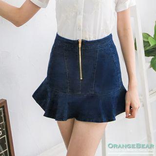Ruffle Zip-front Denim Skirt
