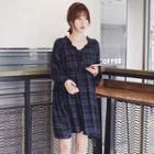 Long-sleeve Plaid Frill Trim Mini A-line Dress