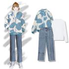 Cow Print Zip Jacket / Long-sleeve Plain T-shirt / Fringed Trim Straight Leg Jeans
