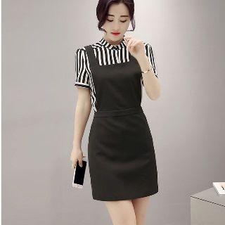 Set: Short-sleeve Striped Blouse + Plain Jumper Dress