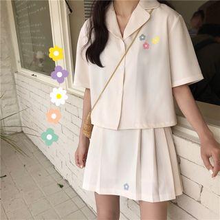 Flower Print Elbow-sleeve Blouse / Mini A-line Skirt