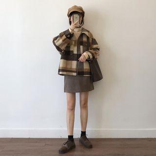 Plaid Zip Jacket / Mini A-line Skirt