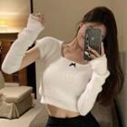 Short-sleeve Square-neck Cropped Sweater With Gloves White - One Size
