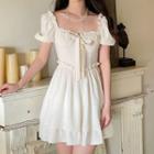 Puff-sleeve Ruffle Trim Bow Panel Layered Dress