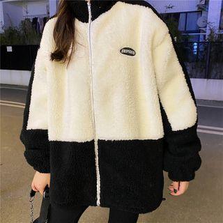Long-sleeve Color-block Fleece Jacket Black & Off-white - One Size