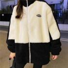 Long-sleeve Color-block Fleece Jacket Black & Off-white - One Size