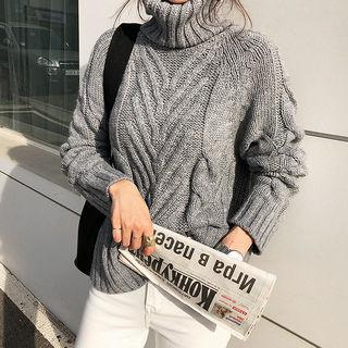 Turtleneck Wool Blend Cable Sweater Gray - One Size