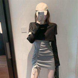 Long-sleeve Plain Cutout Cropped Top / Sleeveless Plain Drawstring Dress