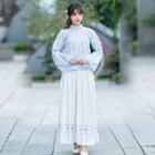 Fish Print Long-sleeve Mandarin Collar Top / A-line Maxi Skirt
