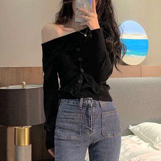 Mock Two-piece Long-sleeve Off-shoulder Knit Top