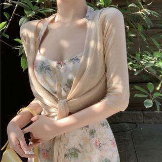 3/4-sleeve Cardigan Beige - One Size