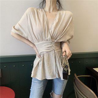 Elbow-sleeve Crinkled Frill Trim Top