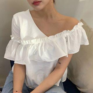 Ruffled One-shoulder Short-sleeve Blouse White - One Size