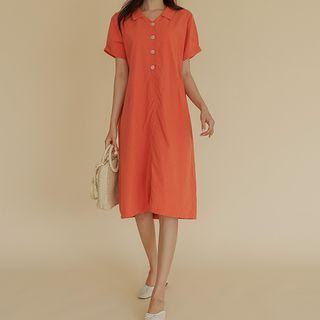 Collared V-neck Button-trim Dress