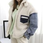Denim-detail Fleece-sherpa Zip-up Jacket Ivory - One Size