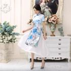 Short-sleeve Printed Panel Maxi Cheongsam